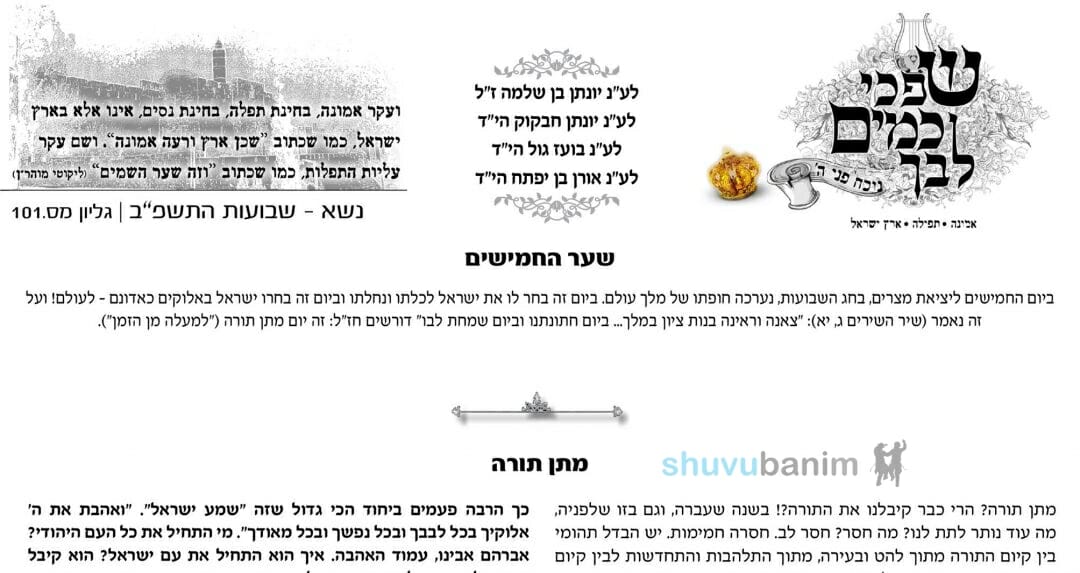 עלון שפכי כמים לבך – שבועות, פרשת נשא תשפ"ב